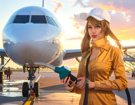 A person, in a jumpsuit and hat, poses with a fuel nozzle near an airplane on a runway at sunrise