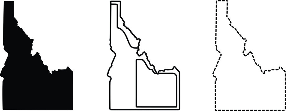 Idaho state map collection, solid silhouette, double outline and dashed border variations, USA geographic shape set for infographic, branding and print design, vector illustration
