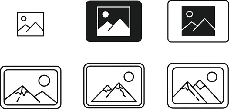 Image placeholder gallery icon set, photo upload picture frame line and solid style, vector illustration