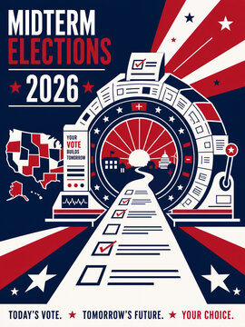 Midterm Elections 2026 Ballot Path Patriotic Illustration Poster, American Midterm Elections 2026 Your Vote Builds Tomorrow Poster, USA Election 2026 Voting Future Concept Patriotic Illustration