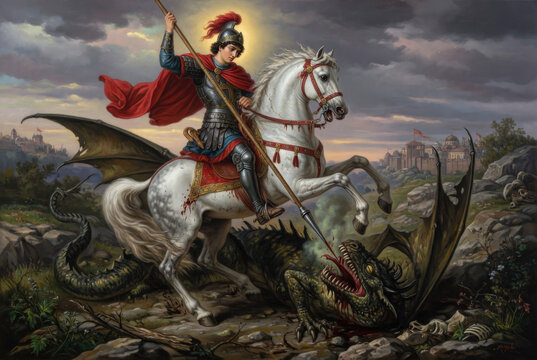 San Giorgio e il drago dipinto a olio classico cavaliere cavallo bianco