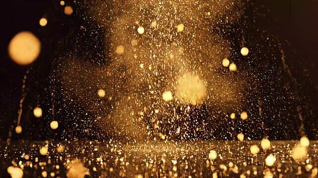 Golden particle explosion erupting from dark liquid surface reflection backdrop