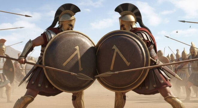 Two ancient greek soldiers, men, in a battle, holding shields and spears in a war. Ancient warfare and military history concept.