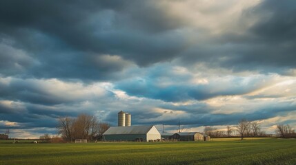 Fototapeta premium Dairy farm landscape under cloudy sky