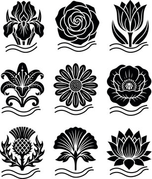 Floral silhouette icons set with rose tulip and lotus flowers