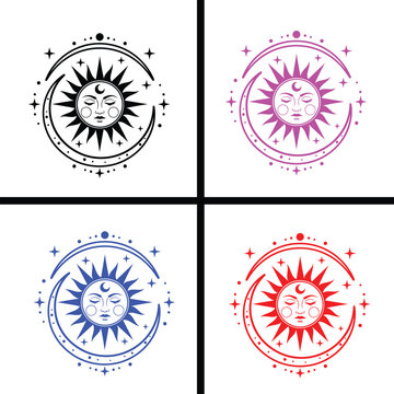 Celestial sun and moon emblems in four vibrant color set logo design