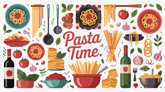 pasta time illustration with spaghetti tomatoes and ingredients on a white background