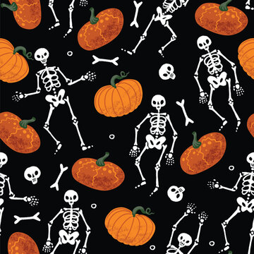 Skeleton Halloween seamless pattern with skulls bones spooky monochrome dark background illustration