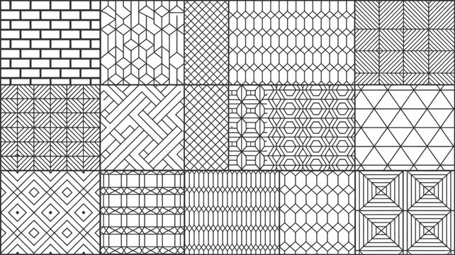 geometric pattern collection black and white line art with varied tile designs