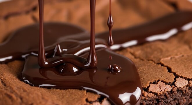 Rich, dark chocolate sauce cascading and dripping onto a baked brownie