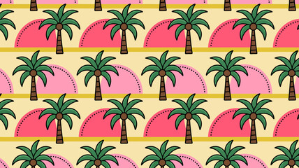 Fototapeta premium tropical palm tree and sunset pattern repeating illustration with yellow and pink tones
