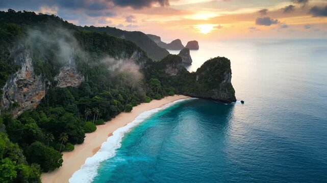 Cinematic aerial view of a secluded tropical beach with dramatic limestone cliffs and turquoise ocean at sunset