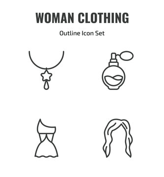 woman clothing outline icon set. thin line star pendant, parfum bottle, female sexy dress, hair wig with side icons. editable vector