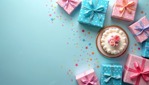 Birthday party setup with decorated cake and gift boxes. Festive confetti scatters across blue background. Celebration surprise, sweet treat, present opening.