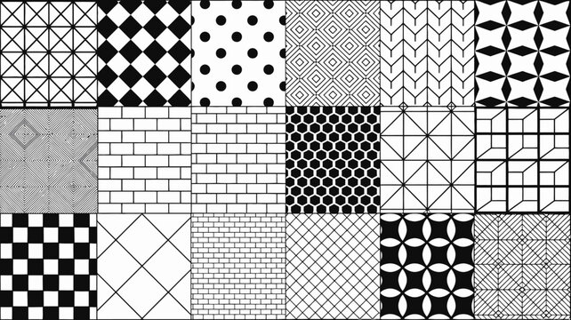 black and white geometric pattern collection repeating tile designs with varied shapes