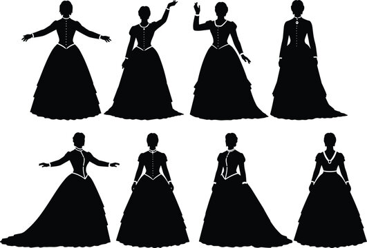 Silhouettes of women in vintage style ball gowns with detailed bodices and full skirts.