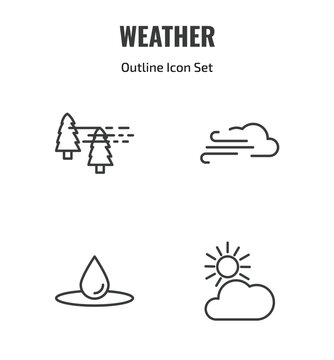 weather outline icon set. thin line patchy fog, gust, deluge, clouds and sun icons. editable vector