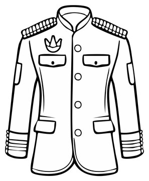 Line drawing of a military officer's dress uniform coat featuring decorative epaulettes and accents and button closure