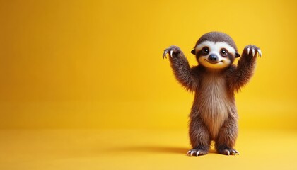 Fototapeta premium Baby sloth stands on hind legs arms raised with happy face on bright yellow studio background. Cute mammal animal looks curious and playful. Its fur is brown and white.