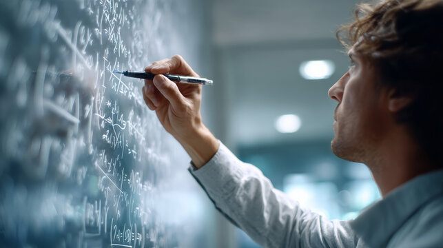 Student solving complex equations on classroom chalkboard