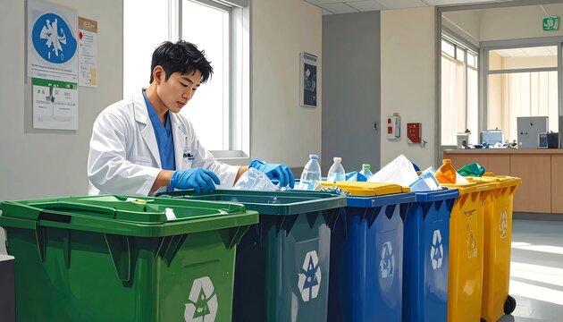A person, in a lab coat and gloves, sorts waste into color-coded bins in a brightly lit corridor. Focus on recycling effort