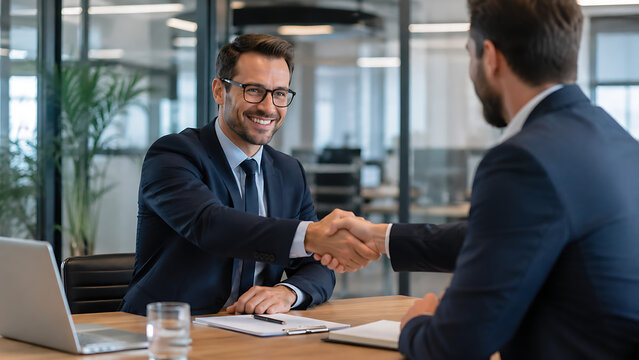 Two businessmen shaking hands in a modern office setting with a laptop and documents on the table in front of them smiling