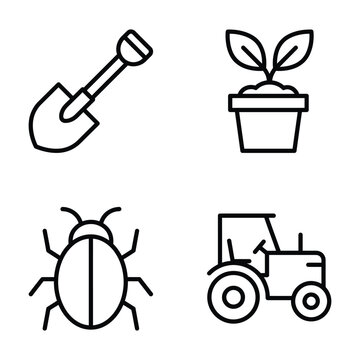 Farming and agriculture related line icons featuring a shovel potted plant beetle tractor icon set black and white