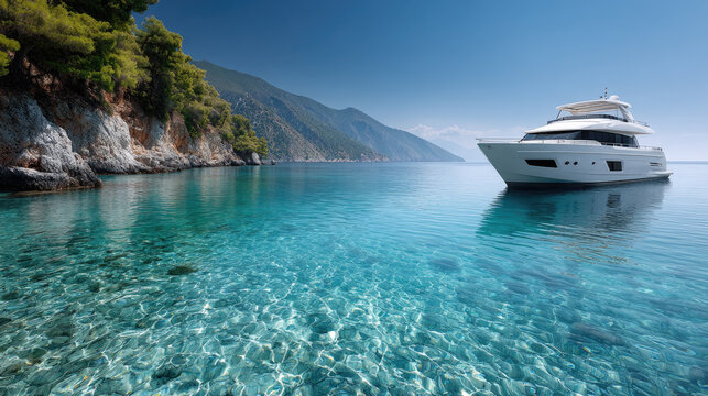 Luxury yacht anchored in clear turquoise water exploring a beautiful bay, enjoying summer vacation on a peaceful sea, relaxing travel holidays
