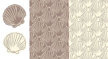 Set of scallop seashell icons and seamless patterns in Mediterranean doodle style. Terracotta line art design for coastal branding, home and kitchen textiles, bedding, pajamas, and rustic wallpaper. © Aikaterini
