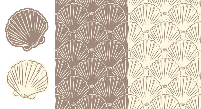 Set of scallop seashell icons and seamless patterns in Mediterranean doodle style. Terracotta line art design for coastal branding, home and kitchen textiles, bedding, pajamas, and rustic wallpaper.