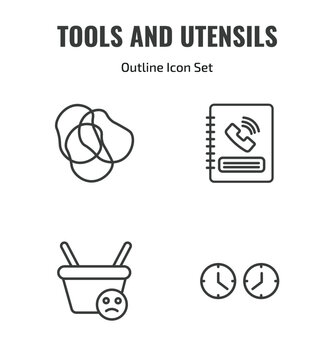 tools and utensils outline icon set. thin line rubber bands, telephone agenda, empty shopping basket, clocks icons. editable vector