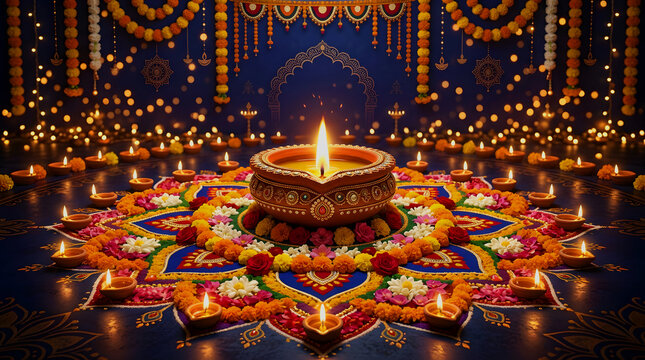 Diwali festival diya with floral rangoli and candles