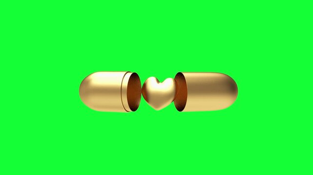 Golden capsule opens to reveal a heart shape moving between the halves on a bright green background, 3D animation
