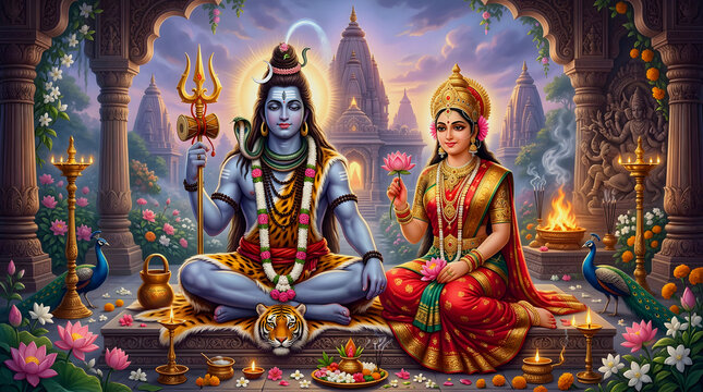 Hindu deities shiva and parvati, sitting in temple garden