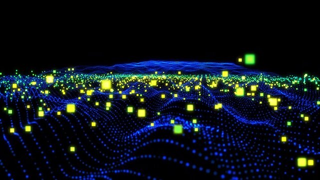 Audio reactive blue particle wave with music beats, neon green glowing cubes digital landscape visualizer, colorful audio reacting particles, audio beat react sound equalizer, 4k seamless loop