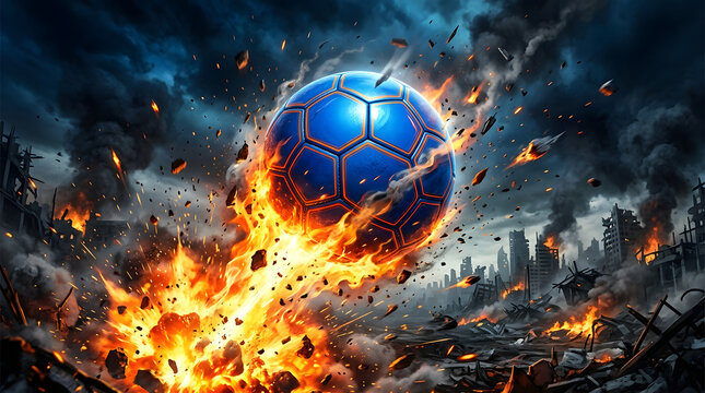 A blue soccer ball on fire amidst a cityscape destruction with flames and debris flying everywhere in a chaotic scene