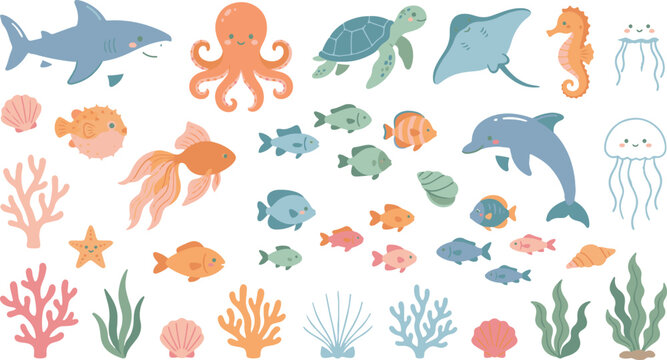 Marine life illustration with colorful fish octopus and coral on white background