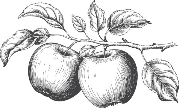 Engraved vector apple fruit branch engraving illustration, line art.