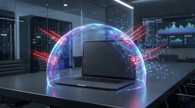 Advanced 3D Cyber Security Shield Protecting Laptop from Digital Attack and Data Breach Innovation