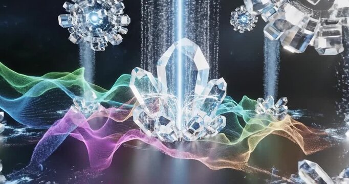 Stunning crystal formations illuminated by vibrant waves of color against a dark background