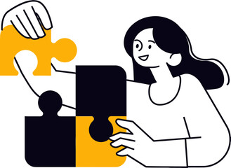 Naklejka premium Woman assembling jigsaw puzzle pieces concept of problem solving, business strategy, teamwork, and creative solutions minimalist flat vector illustration isolated on transparent background