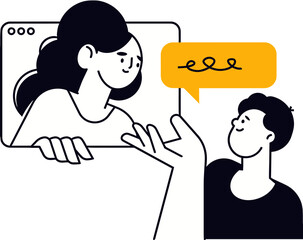 Naklejka premium Vector illustration of a man having a video call with a woman on a computer screen, minimalist flat design concept for online communication and remote work isolated on transparent background