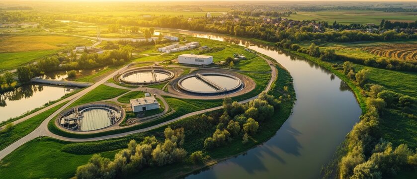 Centrifugal water treatment plant near a river during sunset with buildings and fields in the background