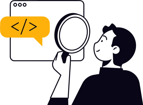 Web developer or programmer looking through magnifying glass at code symbol in browser window, software engineering and debugging concept vector illustration isolated on transparent background