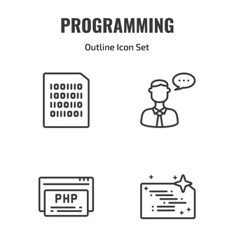 programming outline icon set. thin line binary file, seo consulting, php, clean code icons. editable vector