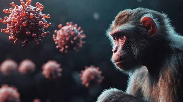 Monkey pox Virus Concept, Monkey Next to Large Virus Particles