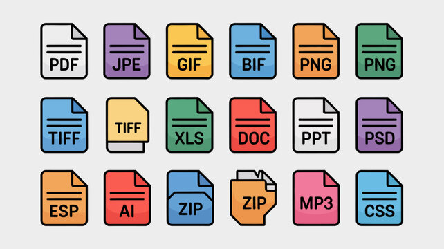 collection of colorful file format icons with labels on a light gray background