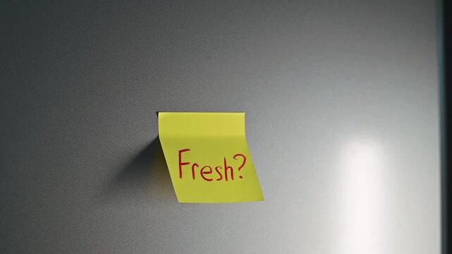 A hand reaches towards a sticky note on a fridge that reads Fresh? The setting is a kitchen where the status of food is being questioned