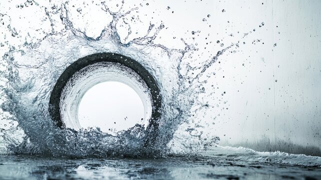 Water splashes around a tire in a different type of setting showing movement and interaction with the environment