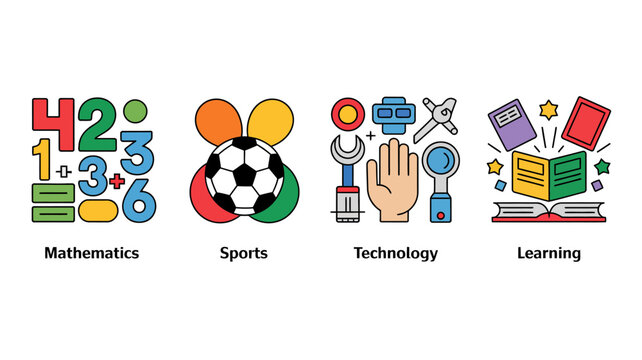 colorful education icons set featuring mathematics sports technology and learning concepts on white background